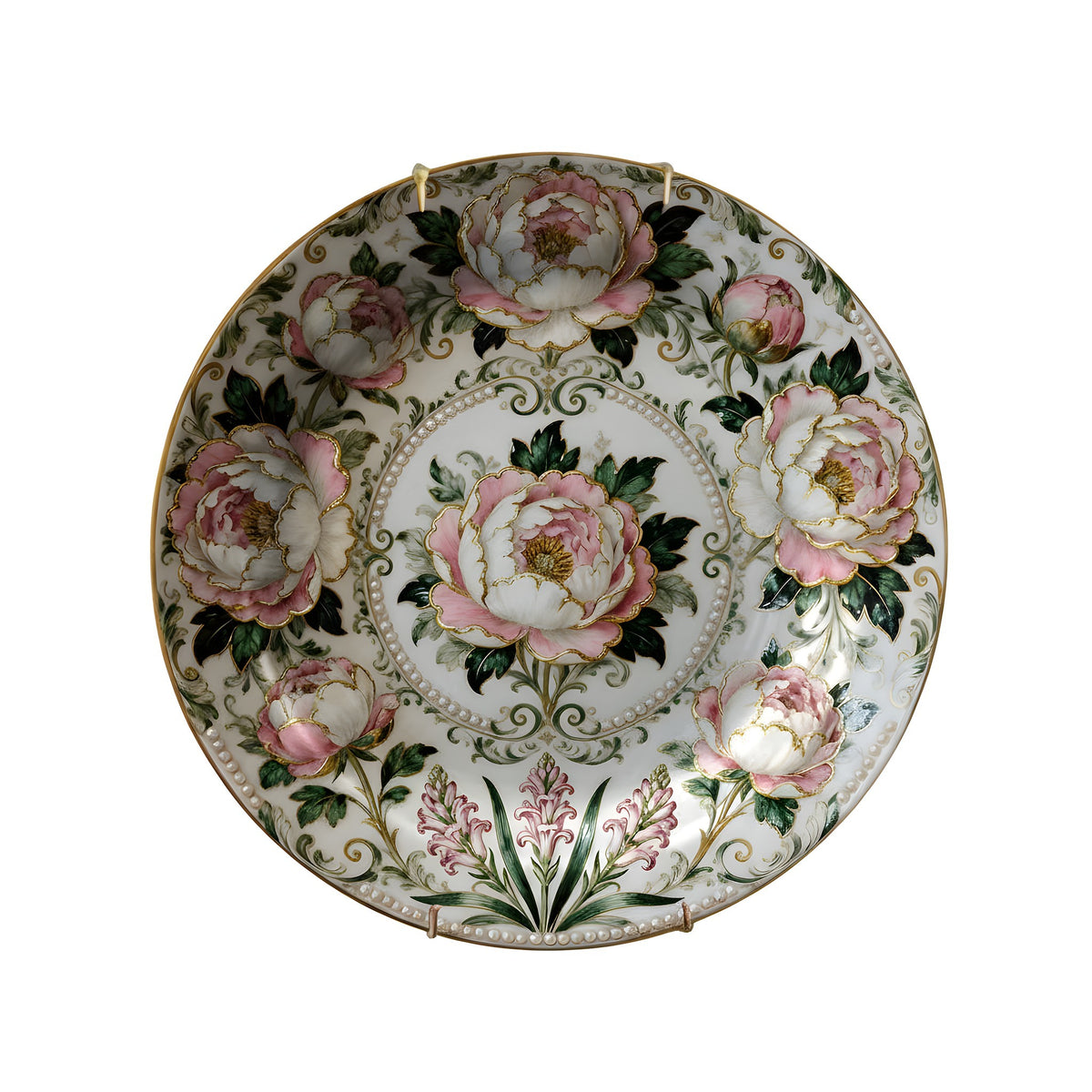 Decorative plate with floral design on a dark background