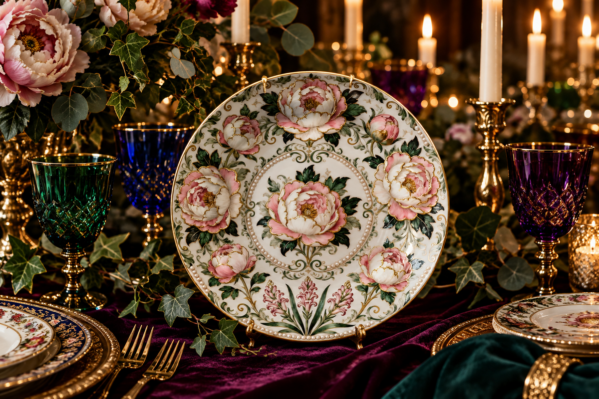 Plato de pared de cerámica con diseño floral de peonía rosa y dorado