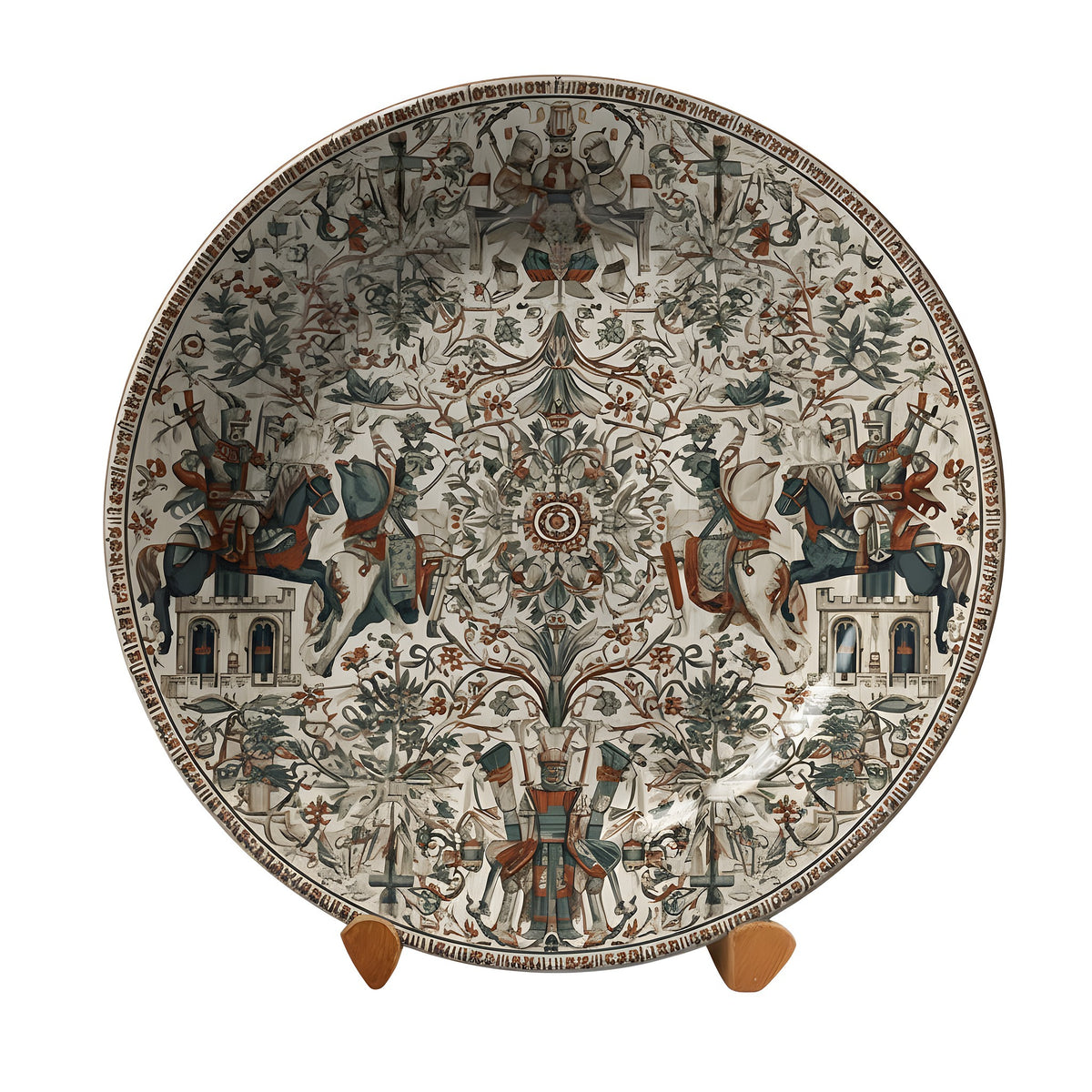 Decorative plate with intricate designs on a stand against a neutral background