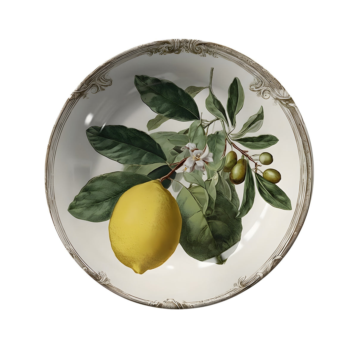 Decorative plate with lemon and leaf design on a textured surface