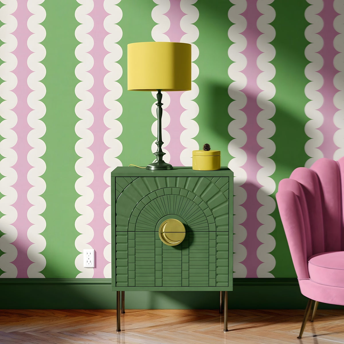Green side table with yellow lamp against a pink and green striped wall