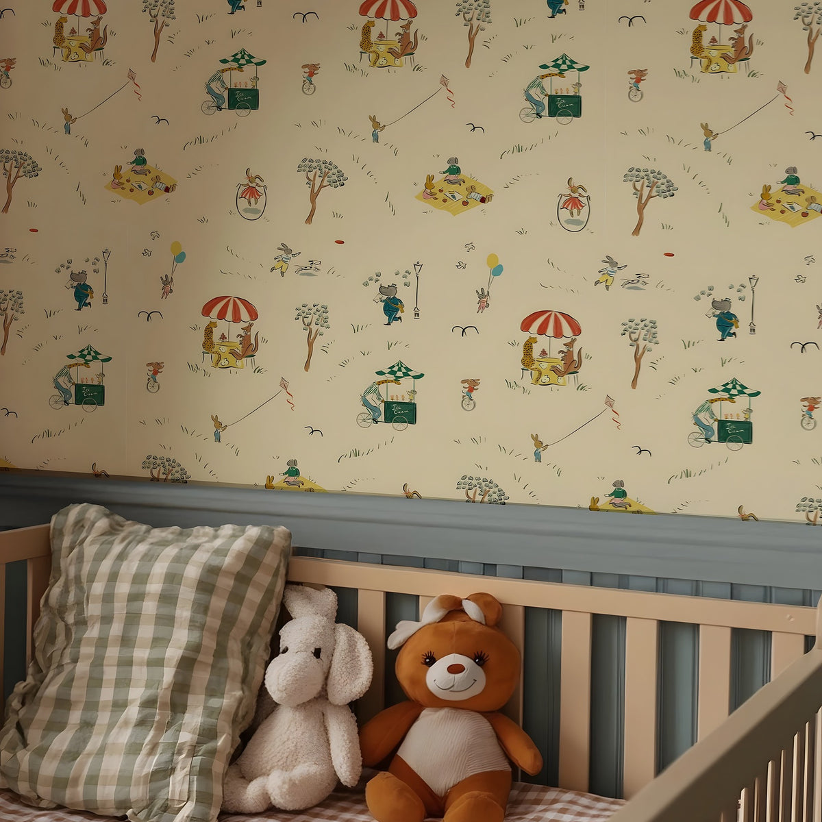 Children's room with crib, teddy bear, and patterned wallpaper