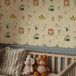Children's room with crib, teddy bear, and patterned wallpaper