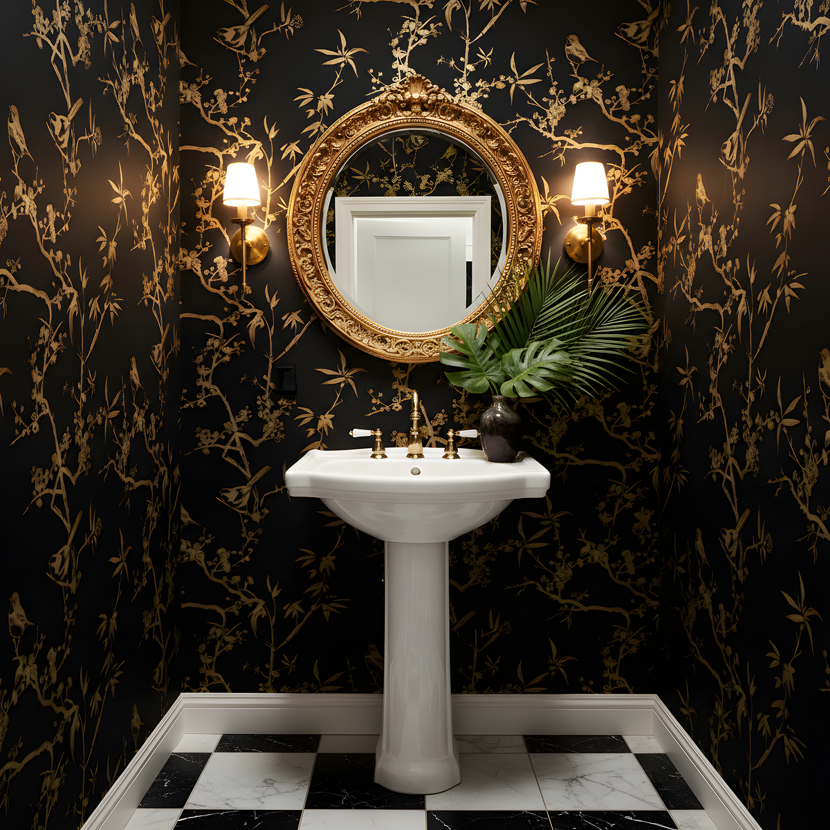 Bathroom with black floral wallpaper, white pedestal sink, and gold-framed mirror.