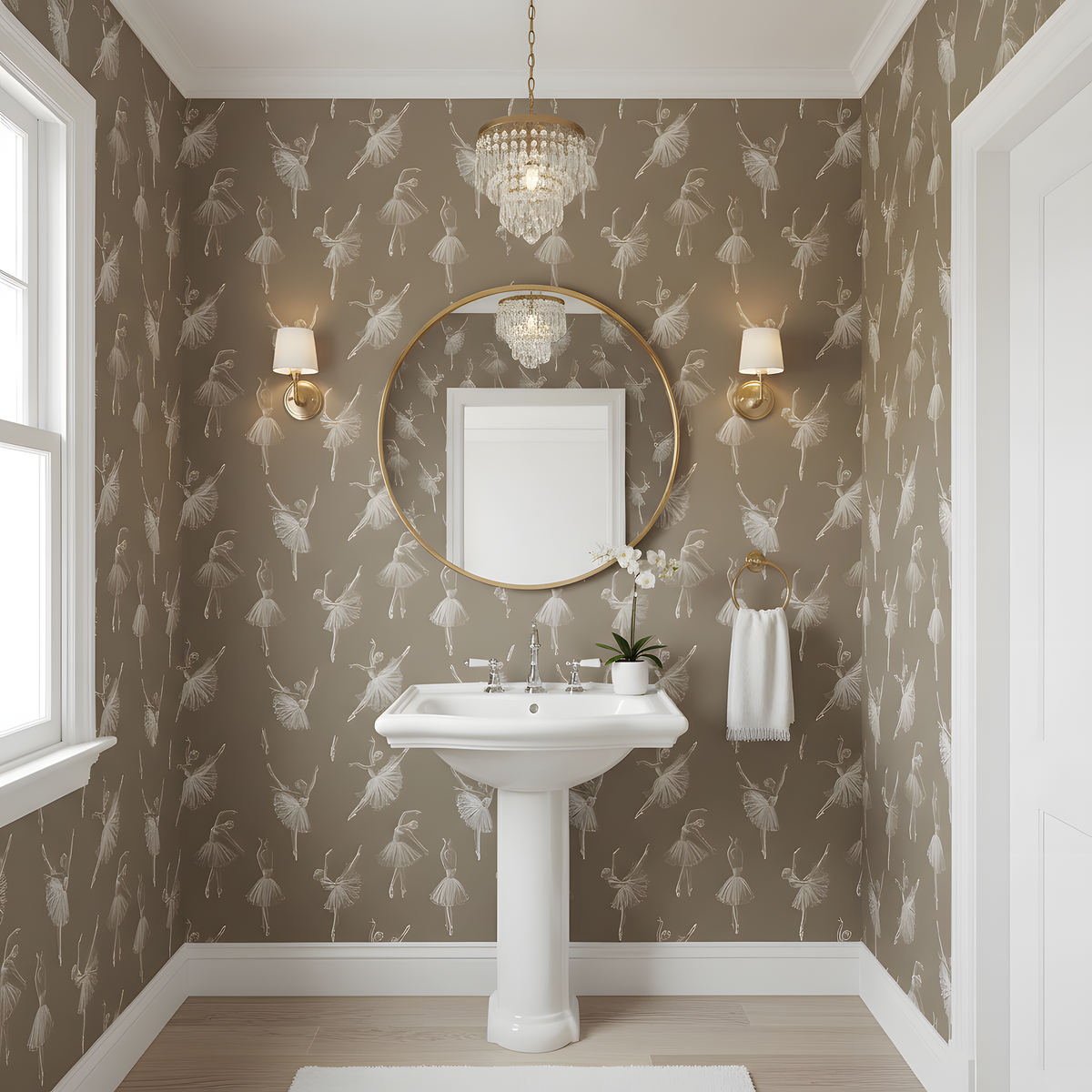 Bathroom with decorative ballerina wallpaper, sink, and round mirror.
