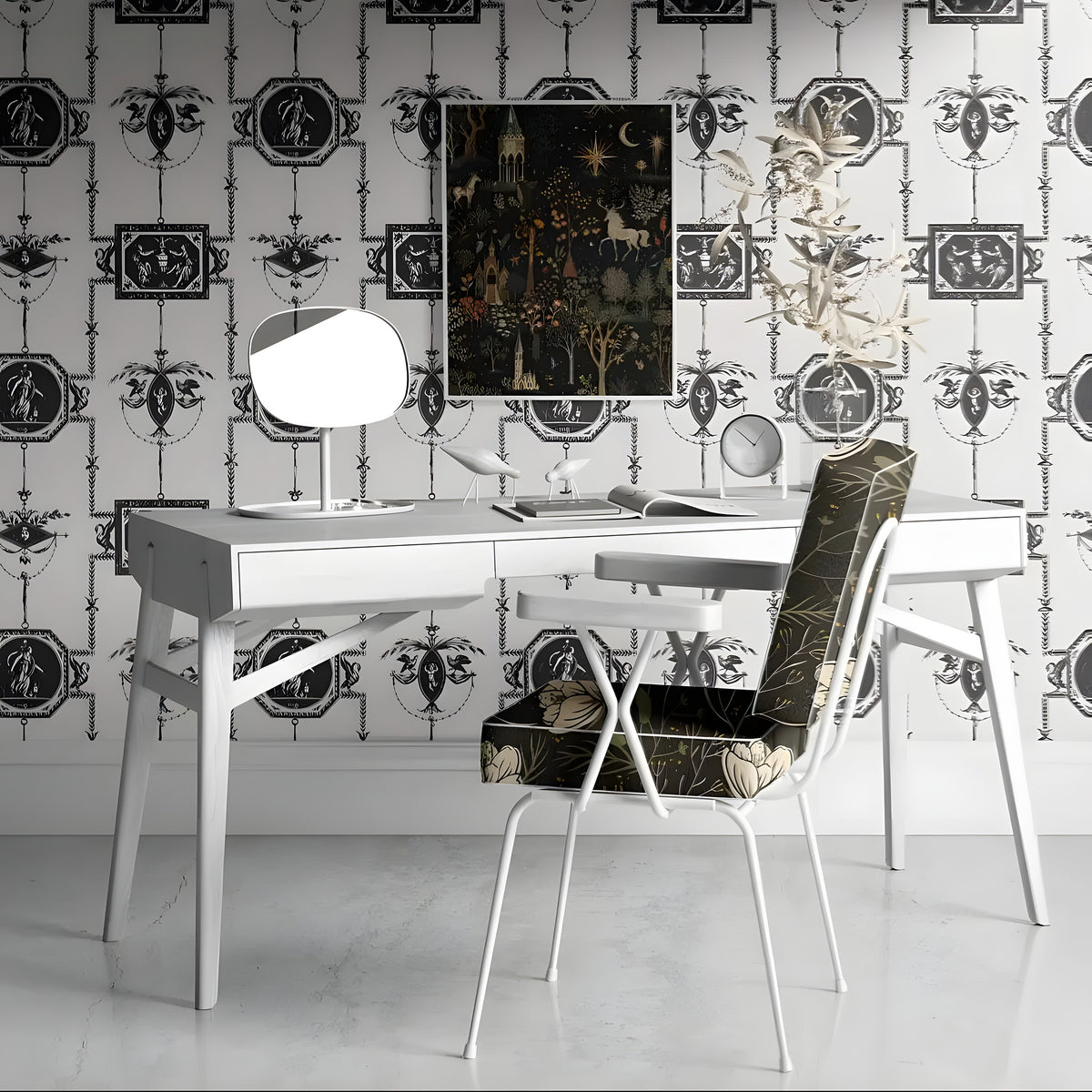 Modern office desk with chair against decorative wallpaper