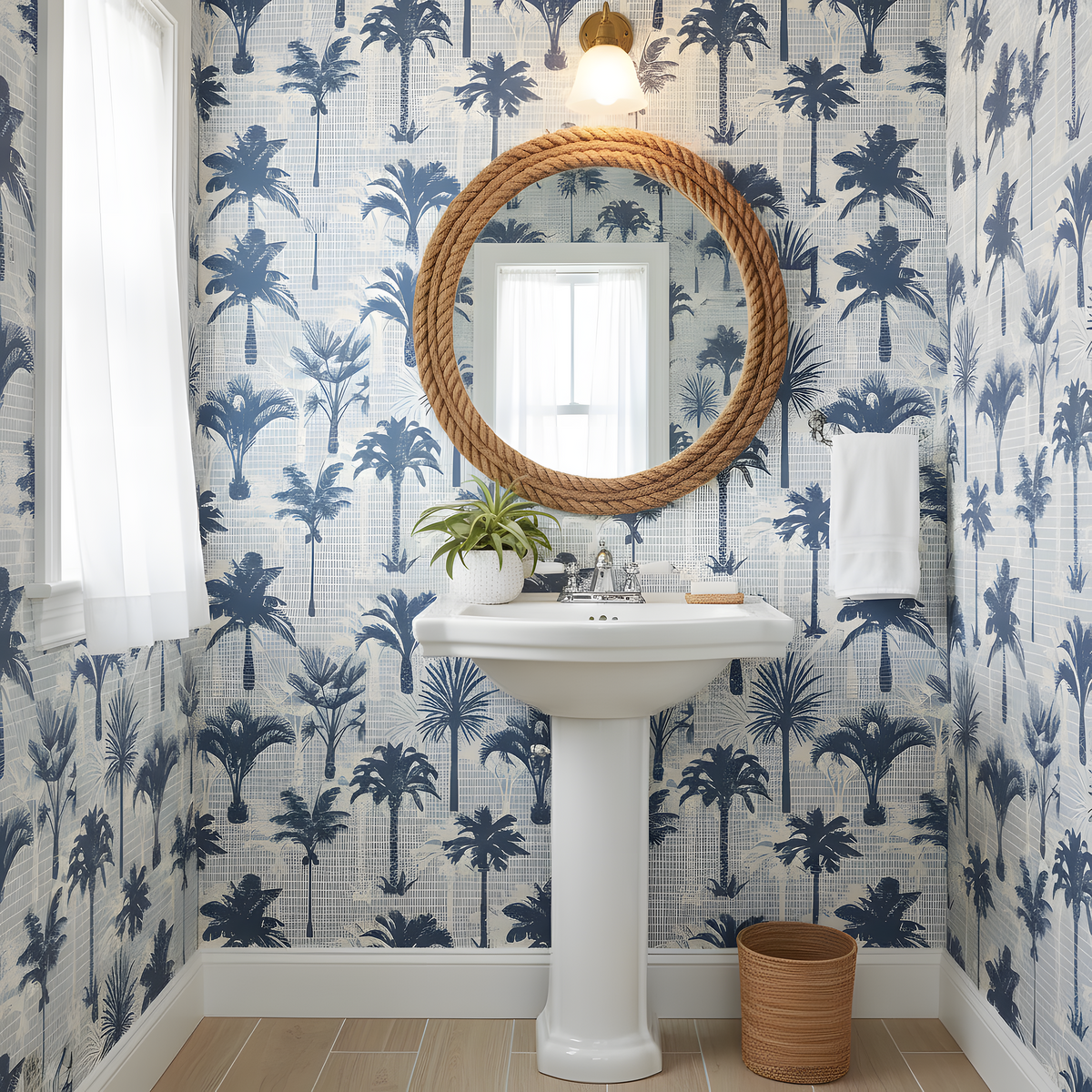 Bathroom with palm tree wallpaper, round mirror, and white sink.