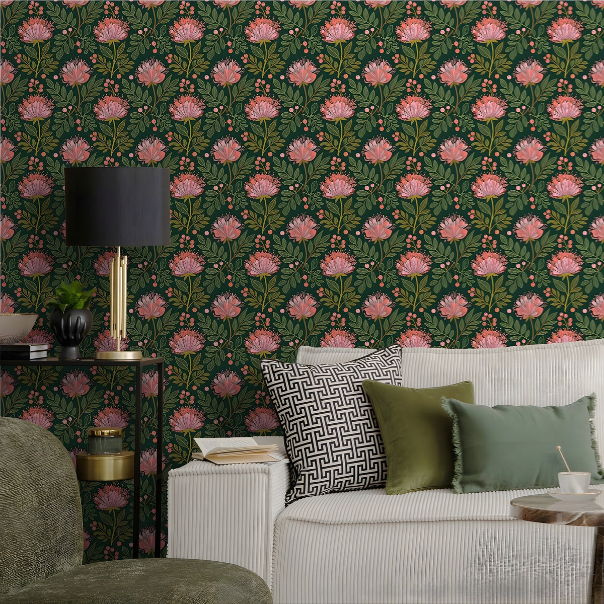 Living room with floral wallpaper, sofa, and decorative pillows.