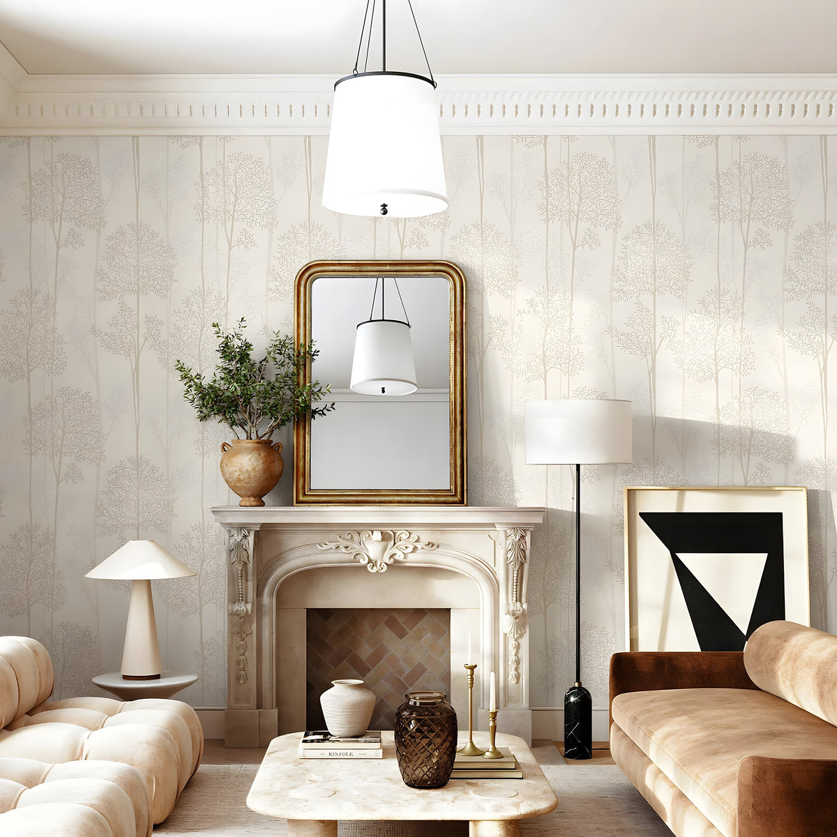 Living room with beige sofas, a fireplace, and decorative elements.