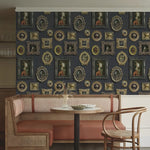 Dining area with ornate wall art and wicker furniture