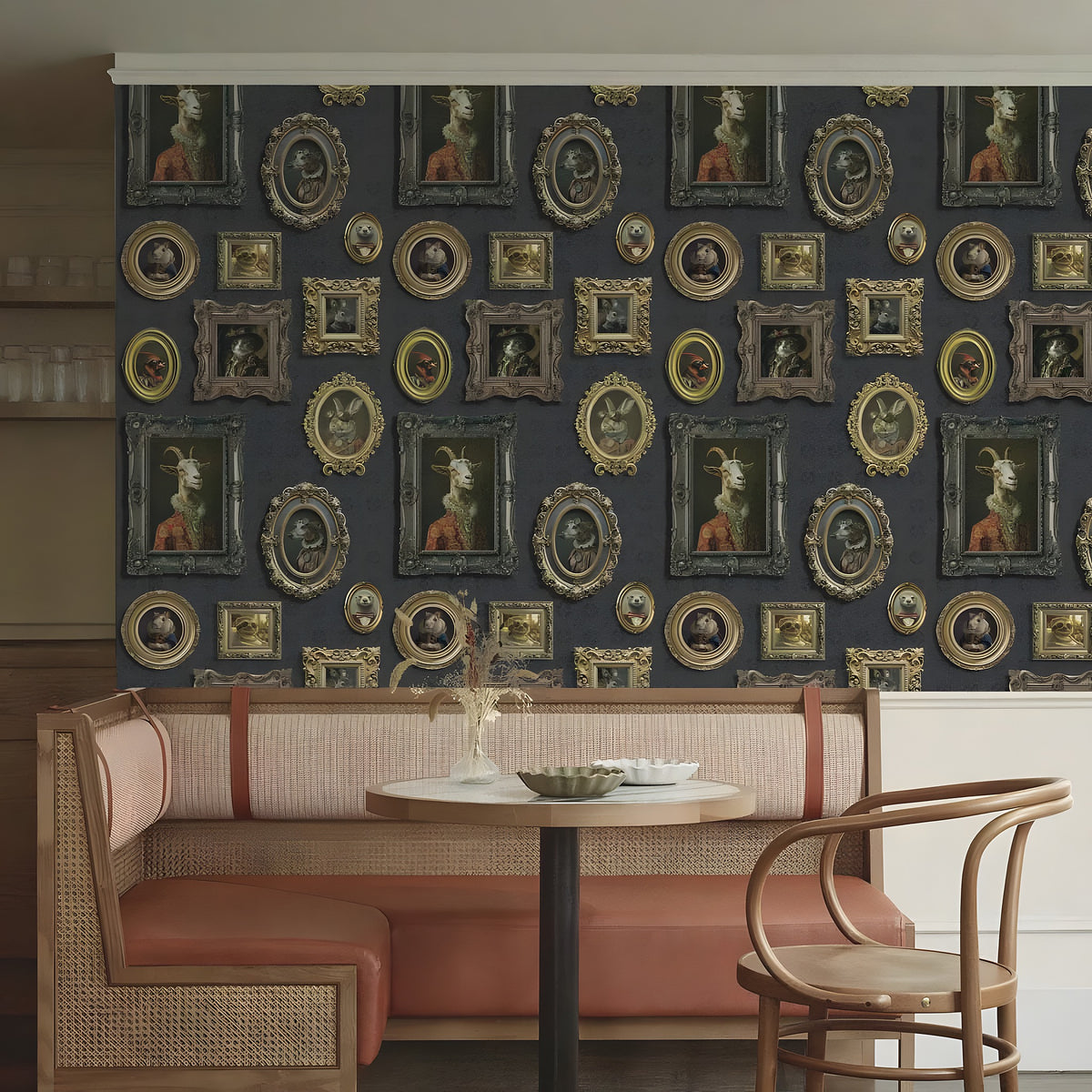 Dining area with ornate wall art and wicker furniture