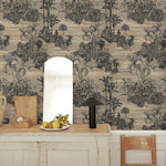 Room interior with a patterned wall, wooden table, and chair.