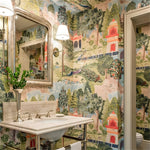 Bathroom with decorative wallpaper featuring a landscape scene, sink, and mirror.