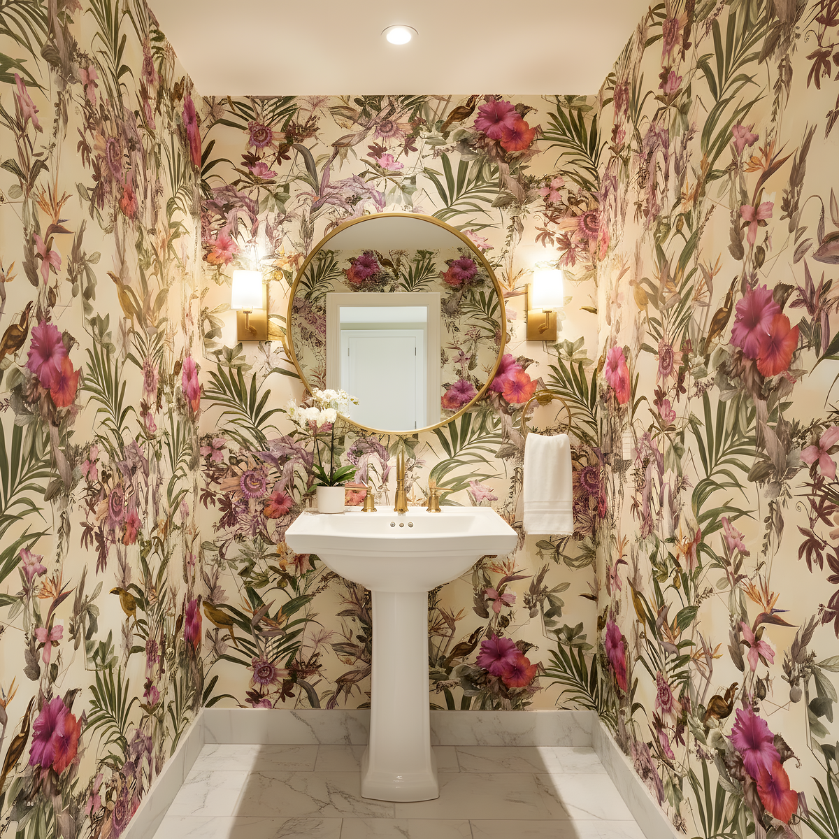 Bathroom with floral wallpaper, pedestal sink, and round mirror.