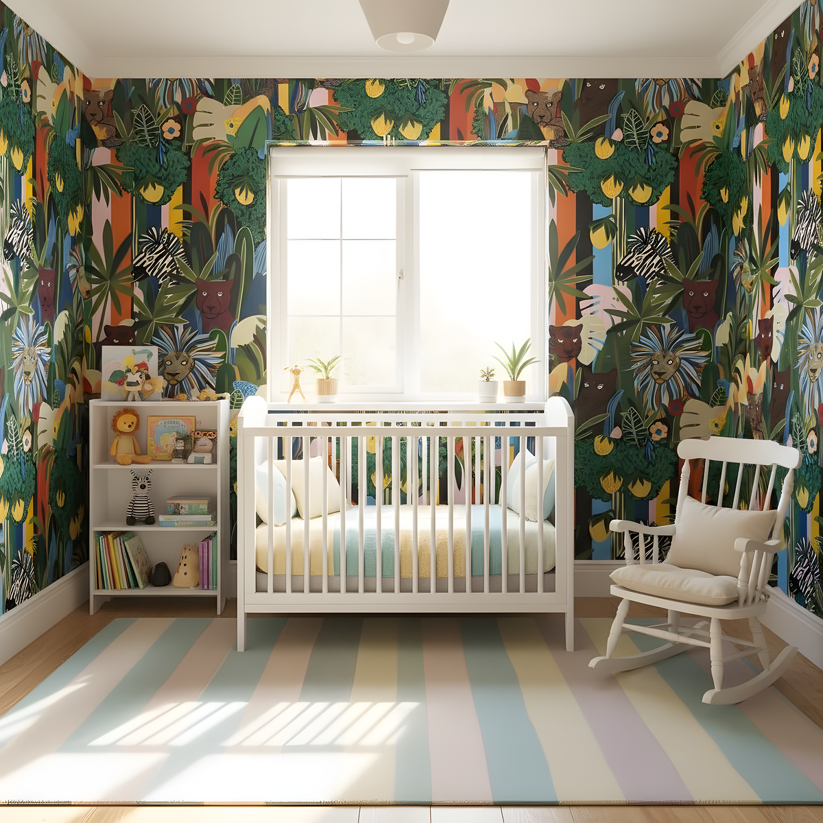A beautifully styled nursery featuring a vibrant, multicolor tropical jungle animal print wallpaper. The room is furnished with a white wooden crib, a matching rocking chair, a striped pastel rug, and a small white bookshelf.