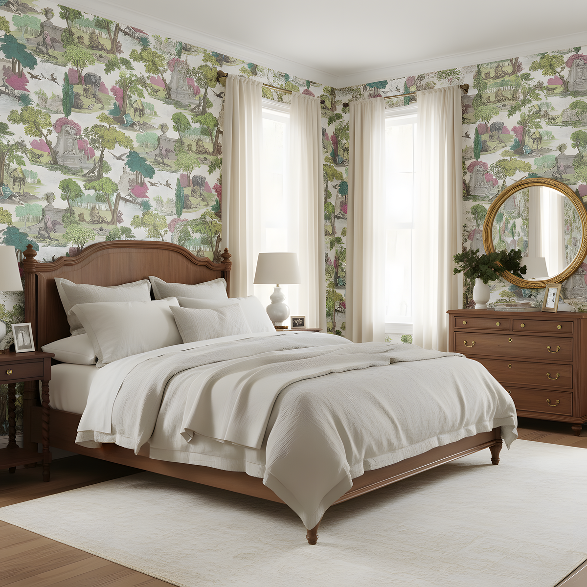 Neatly made bed in a bedroom with floral wallpaper and wooden furniture.