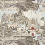 Decorative wallpaper with a garden scene featuring buildings, trees, and flowers.