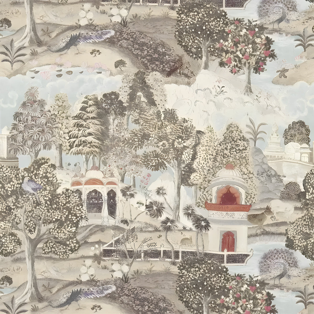 Decorative wallpaper with a garden scene featuring buildings, trees, and flowers.