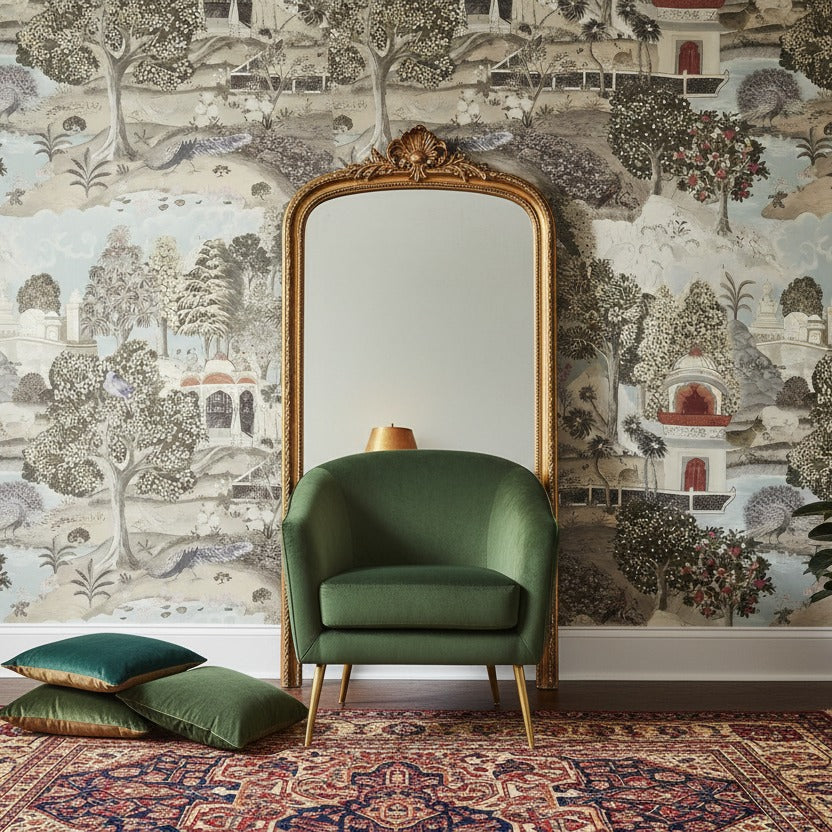 Peacock & Forest Greenery Mural styled in a room setting