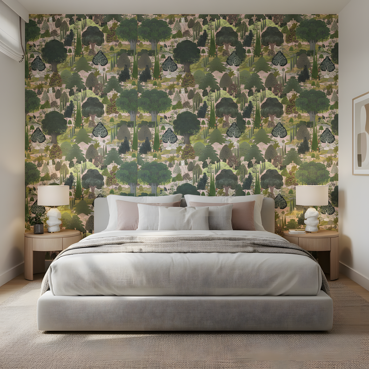 Bedroom with a forest-themed wall mural and two lamps on nightstands.