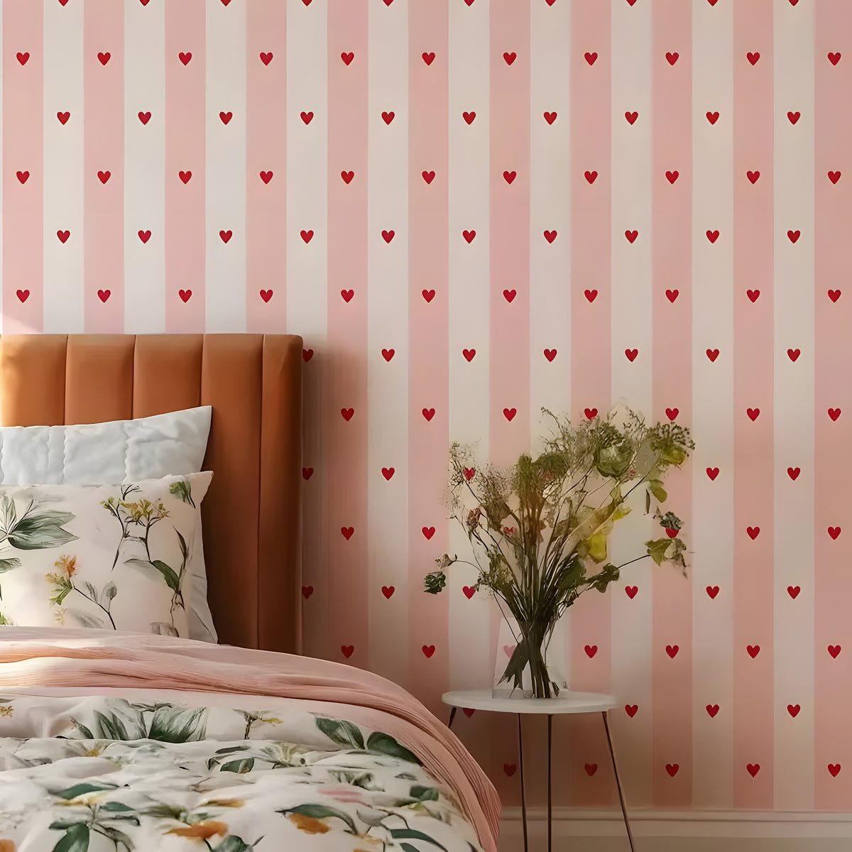 Bedroom with pink and white striped wall featuring red hearts, floral bedding, and a vase on a side table.