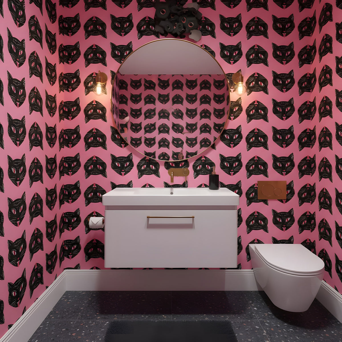 Living room with a red sofa, black coffee table, and pink walls with black cat pattern.
