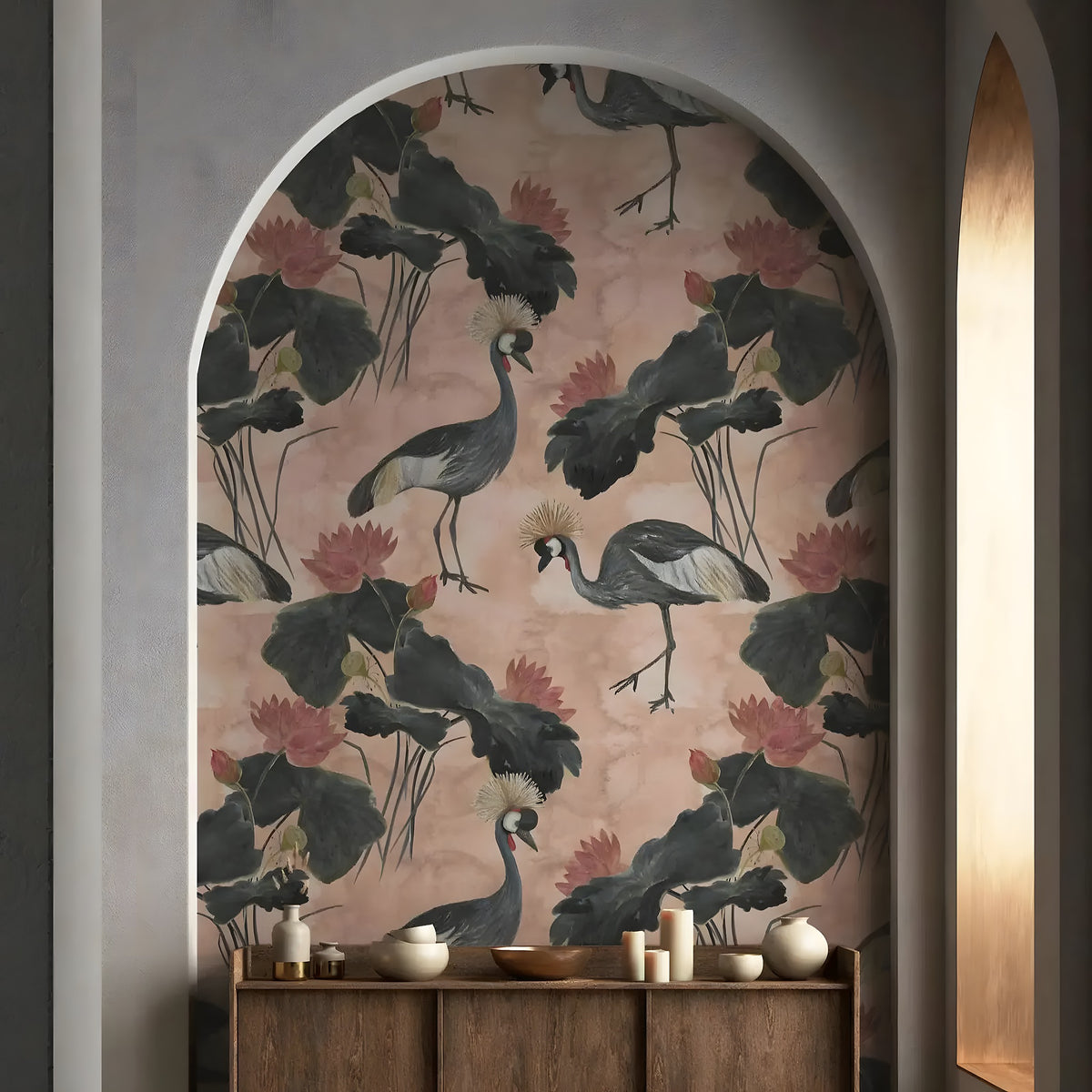 Wallpaper with crane and lotus design in an archway setting.