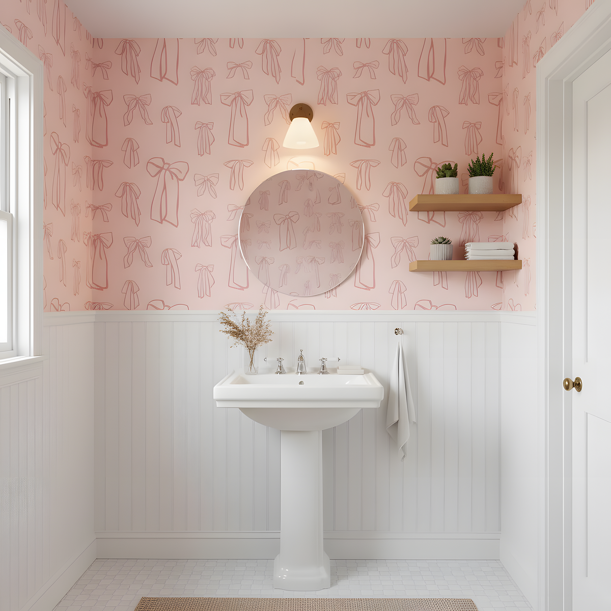 Bathroom with pink bow-patterned wallpaper, white pedestal sink, and round mirror.