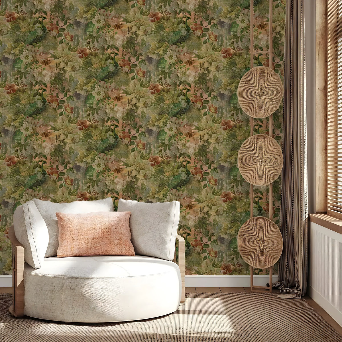 Modern white sofa against a floral wallpaper wall with decorative elements.