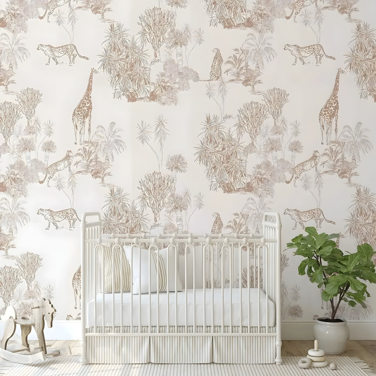 Nursery room with crib and animal-themed wallpaper