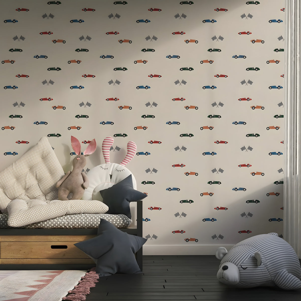 Children's room with patterned wallpaper, sofa, and stuffed toys.