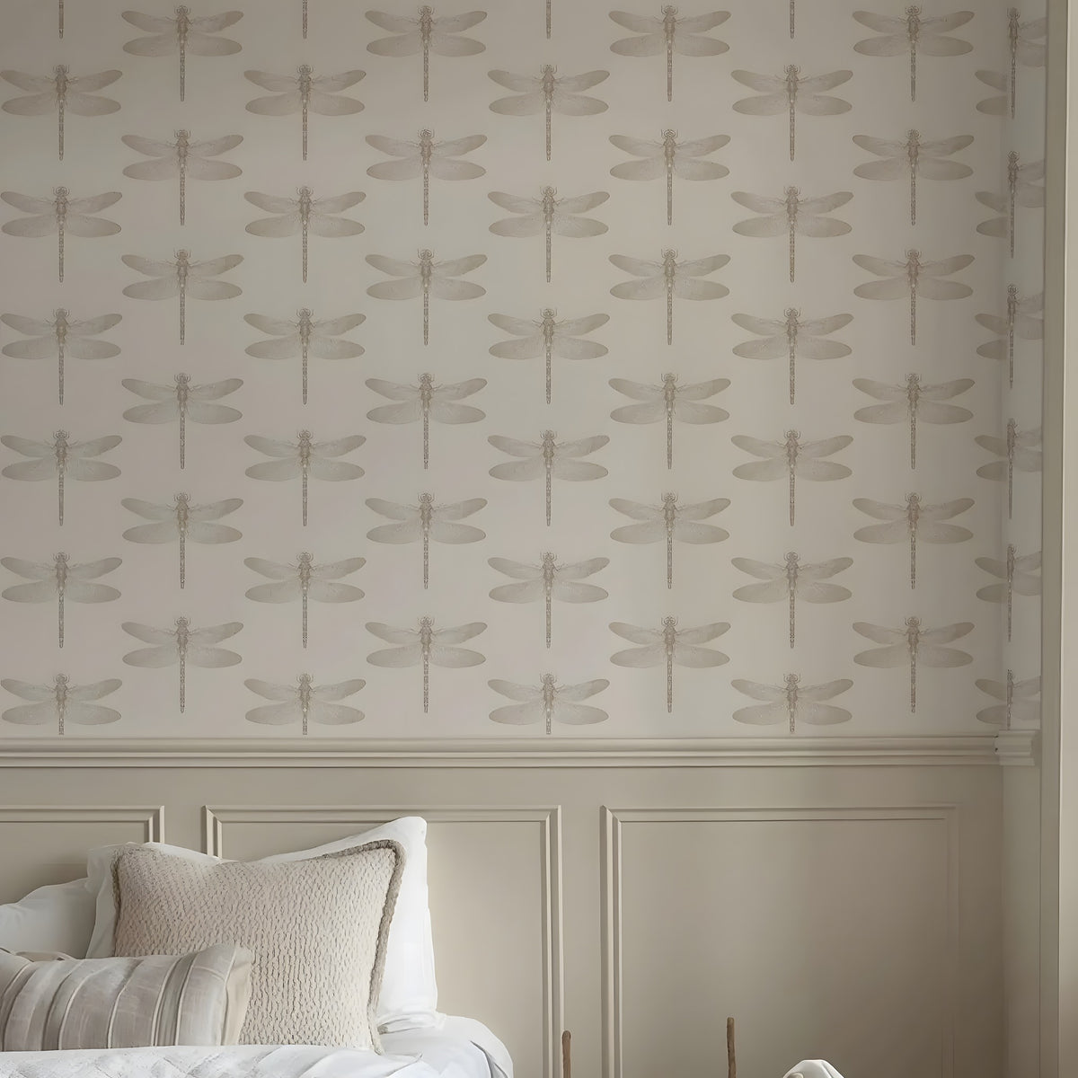 Wallpaper with dragonfly pattern in a bedroom setting