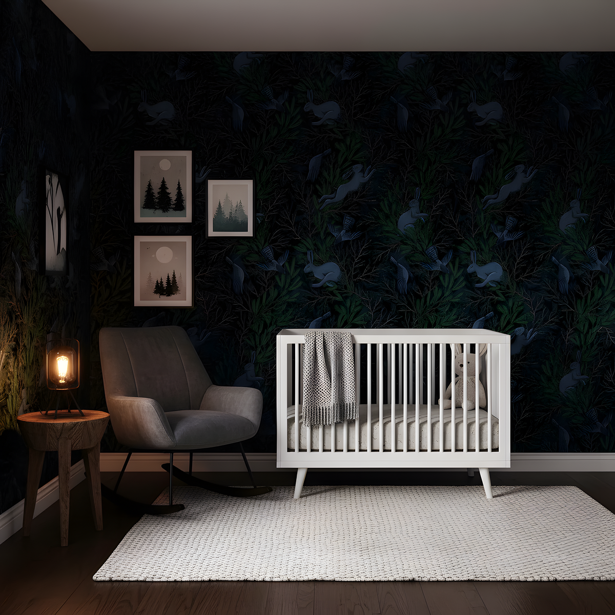 Nursery room with white crib, dark wall with nature-themed wallpaper, and gray armchair.
