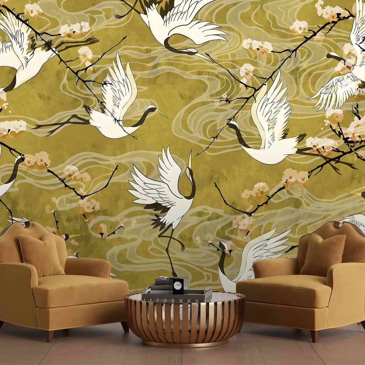 Living room with decorative wallpaper featuring cranes and cherry blossoms, paired with brown armchairs and a coffee table.