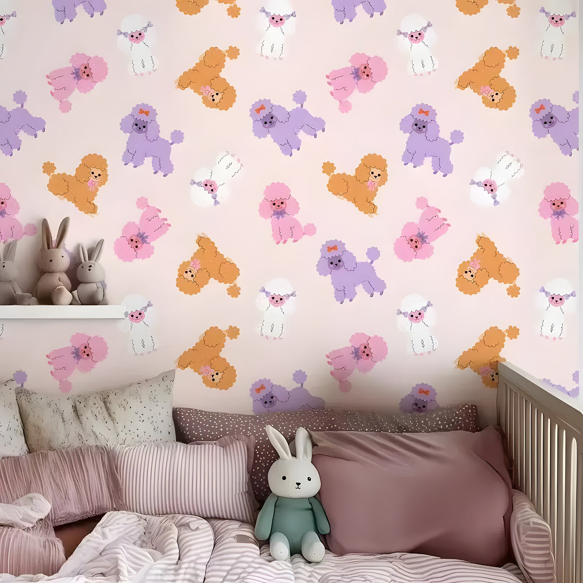 Children's room with pastel-colored animal wallpaper and soft toys on a bed.