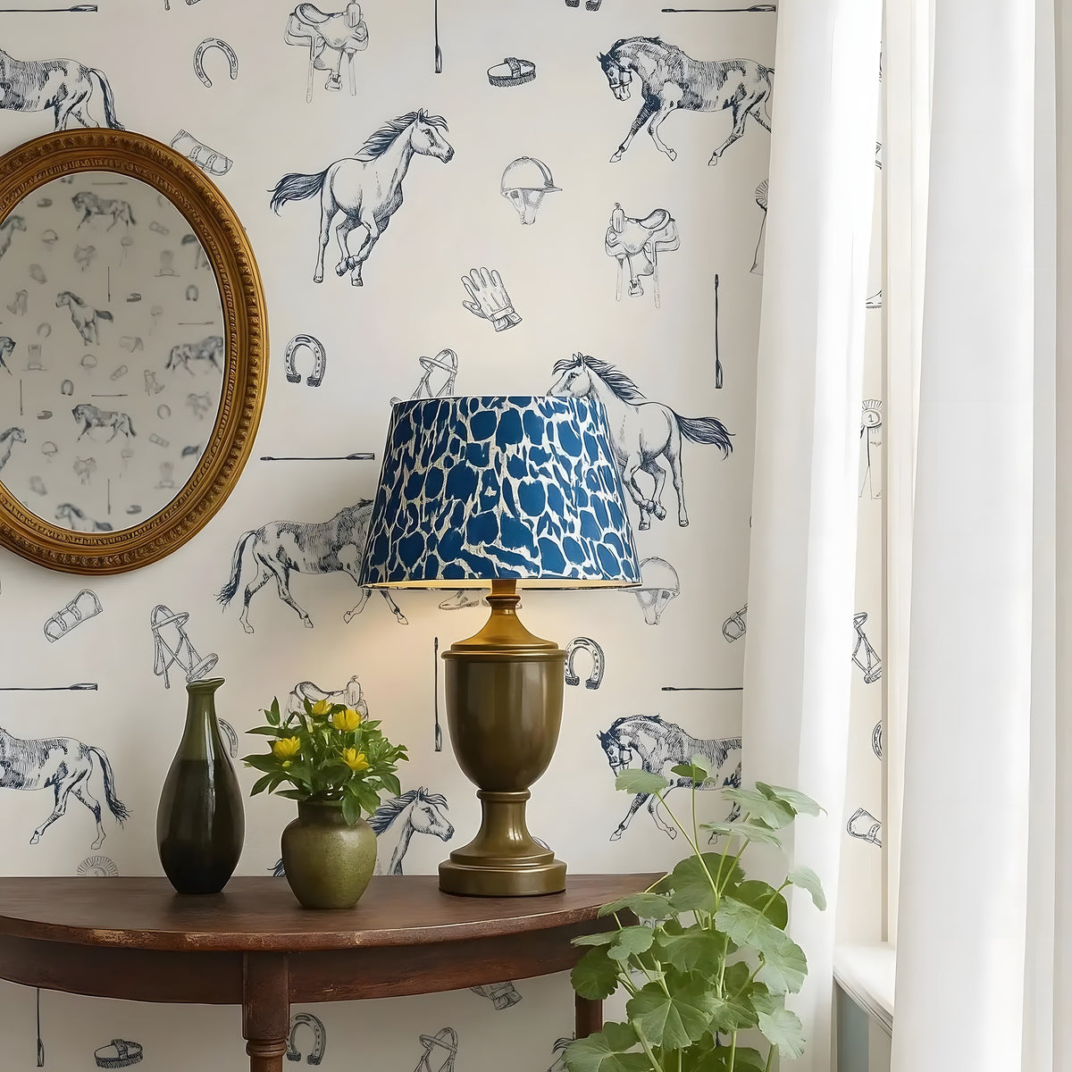 Decorative room interior with a lamp, vases, and plants on a table against a wallpapered wall.