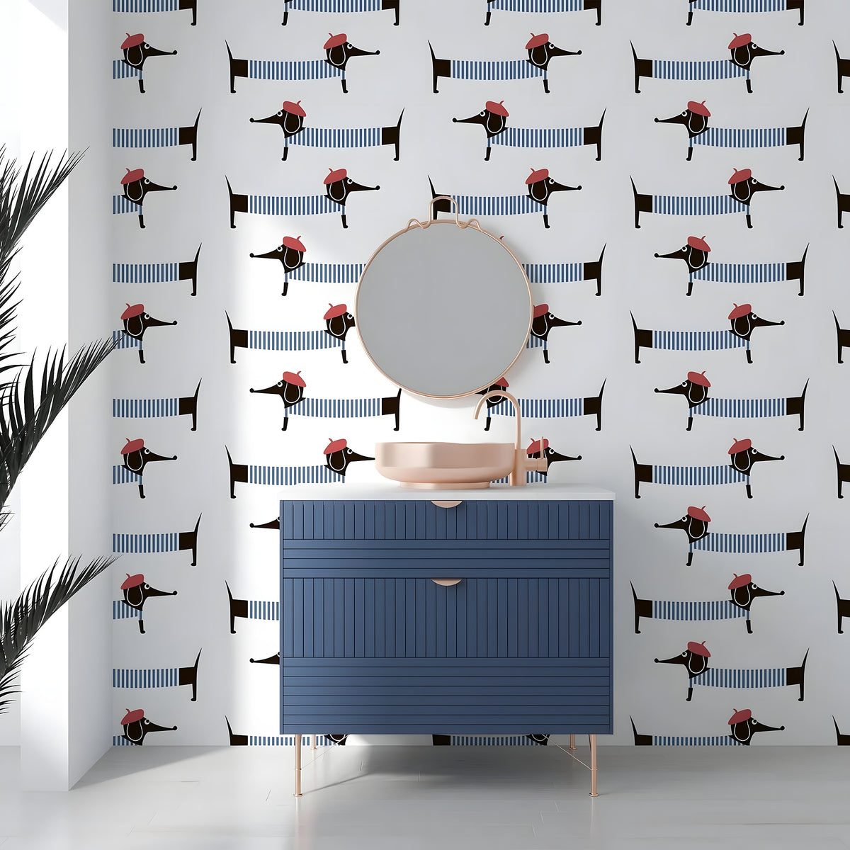 Bathroom with blue vanity and mirror against a wall with dachshund pattern