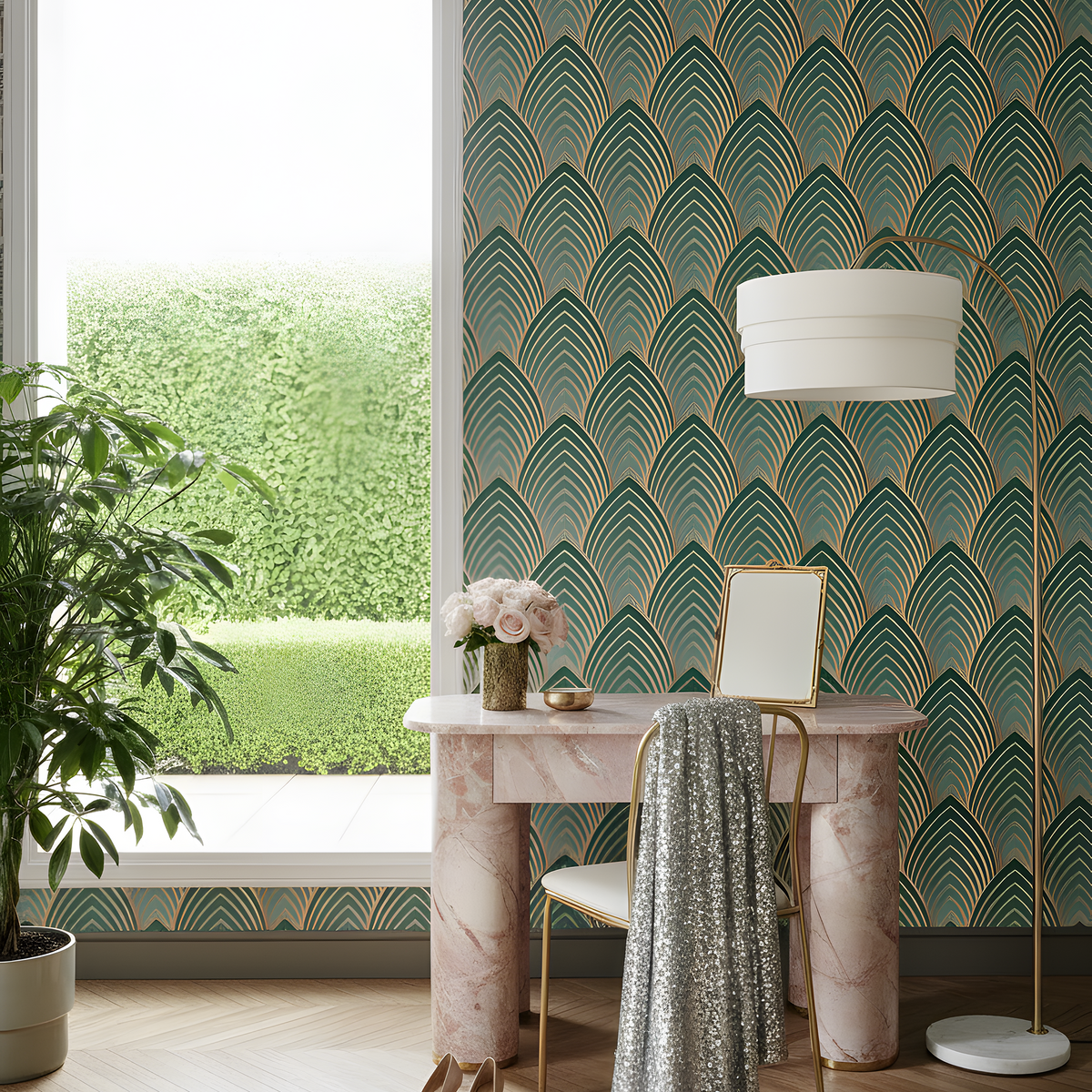 Modern interior with green patterned wallpaper, marble desk, and plant.
