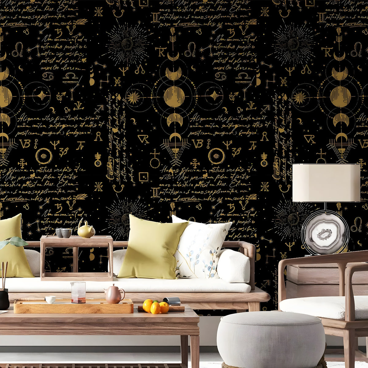 Living room with decorative wall featuring astrological symbols and text.