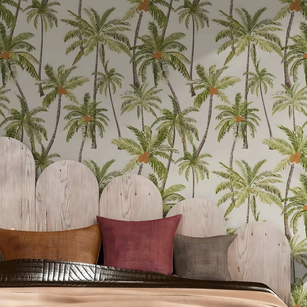 Wallpaper with palm tree pattern behind a wooden headboard with pillows.