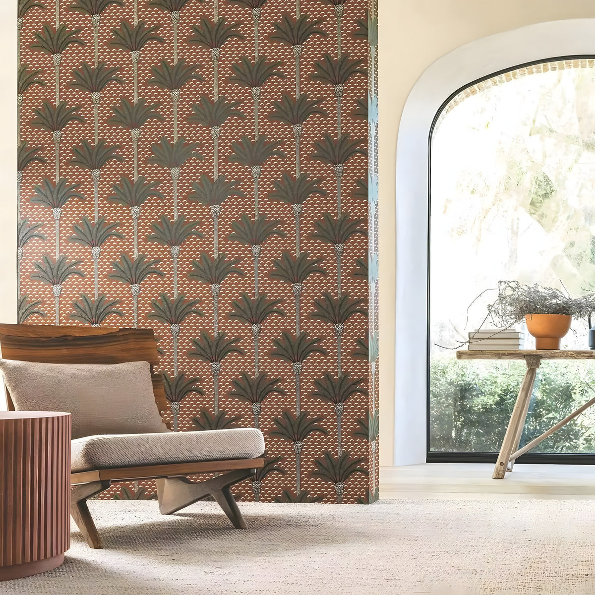 Living room with a patterned wall, chair, and table near a large window.