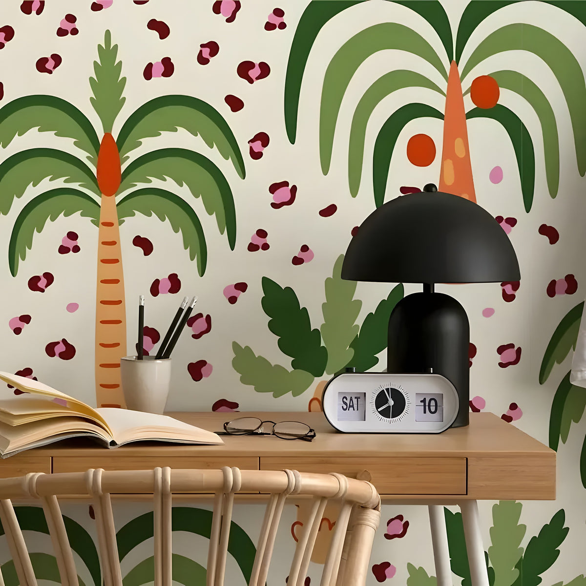 Desk with a black lamp and open book against a palm tree and heart-patterned wallpaper.