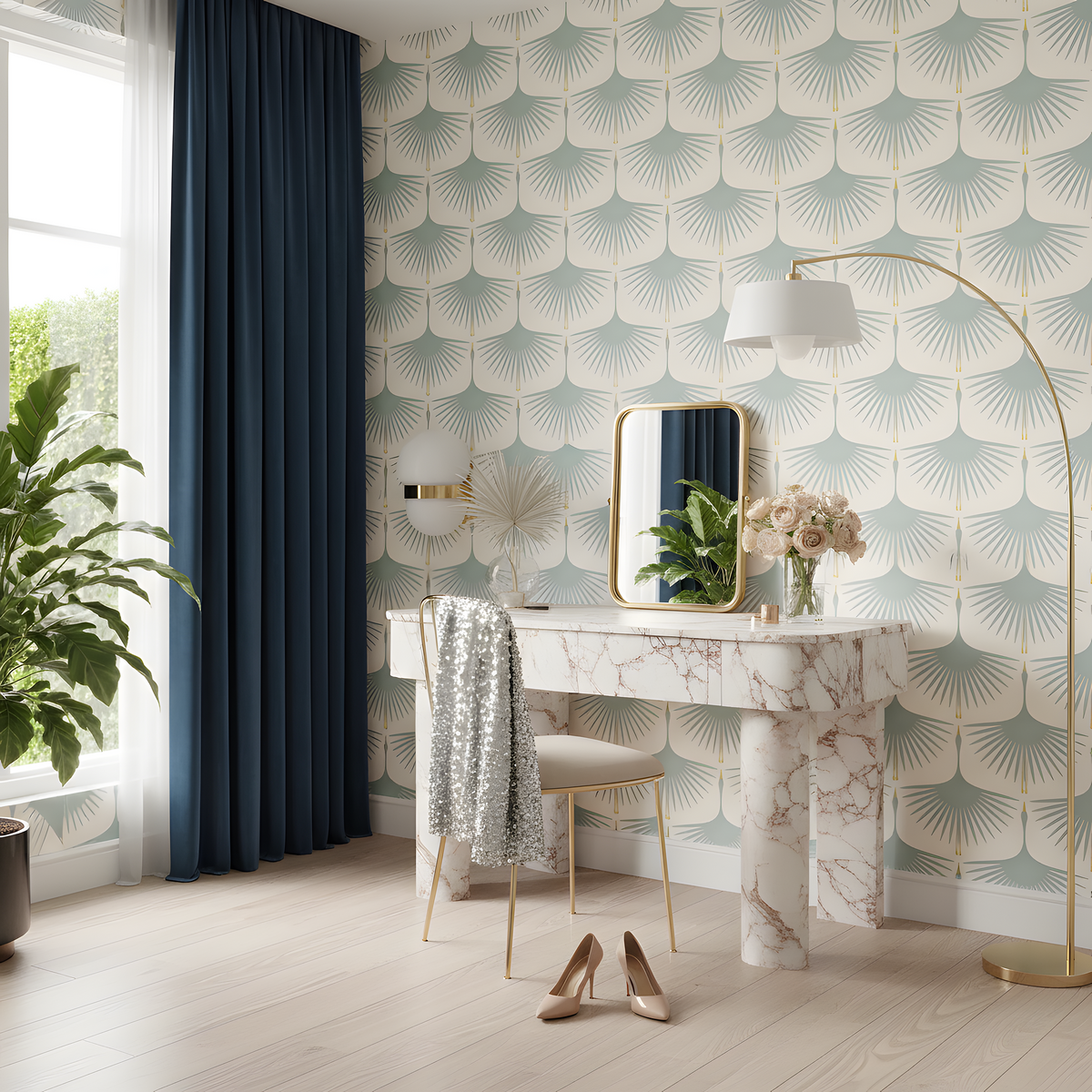 Modern interior with geometric wallpaper, marble console table, and decorative elements.