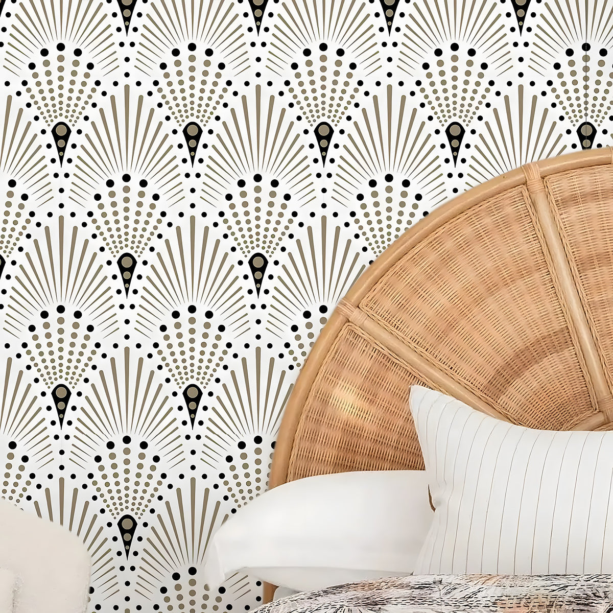 Wicker chair against a decorative wall with geometric pattern