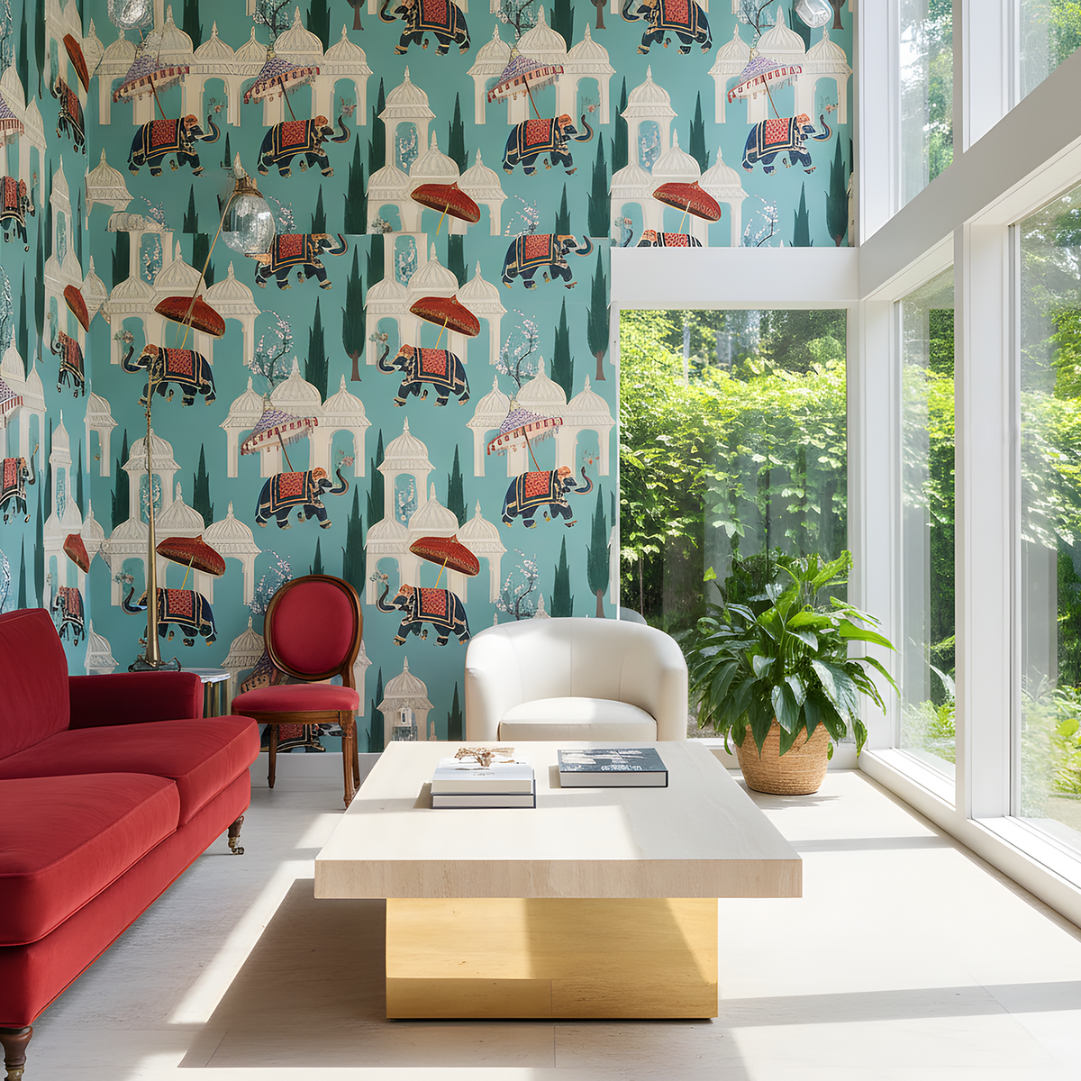 Modern living room with colorful wallpaper, red sofa, and large windows.