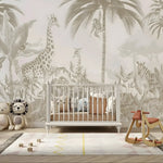 Nursery room with crib and jungle-themed wallpaper featuring animals.