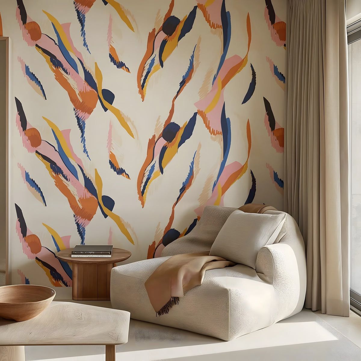 Modern living room with a colorful abstract wall mural and a beige armchair.