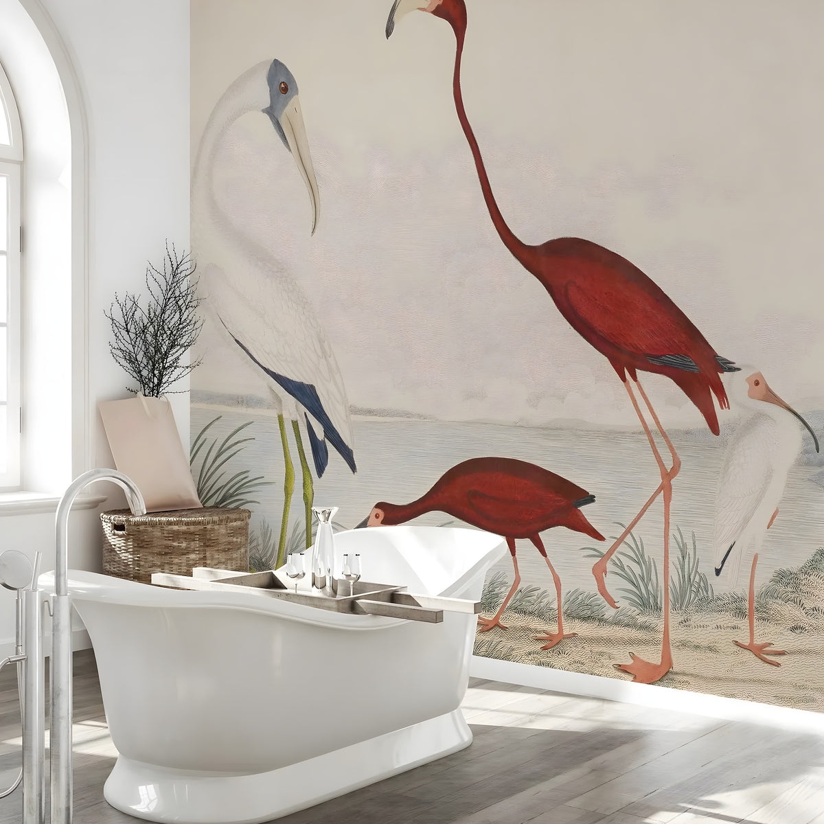 Bathroom with a large wall mural of birds and a freestanding bathtub.