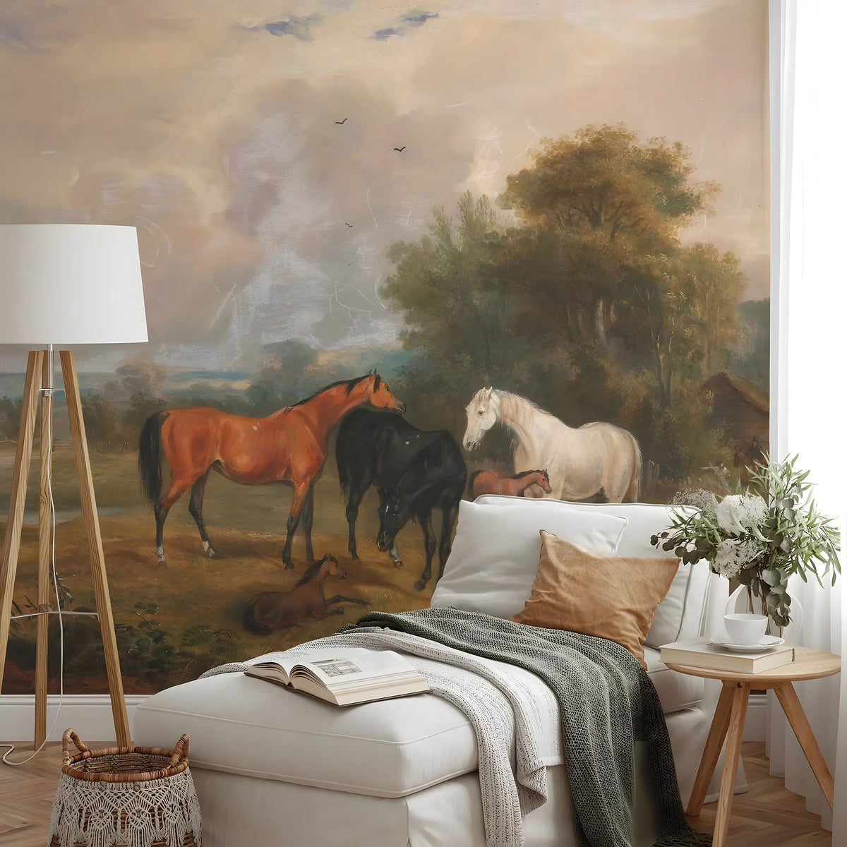 Living room with a mural of horses in a field on the wall, featuring a sofa, lamp, and decorative items.