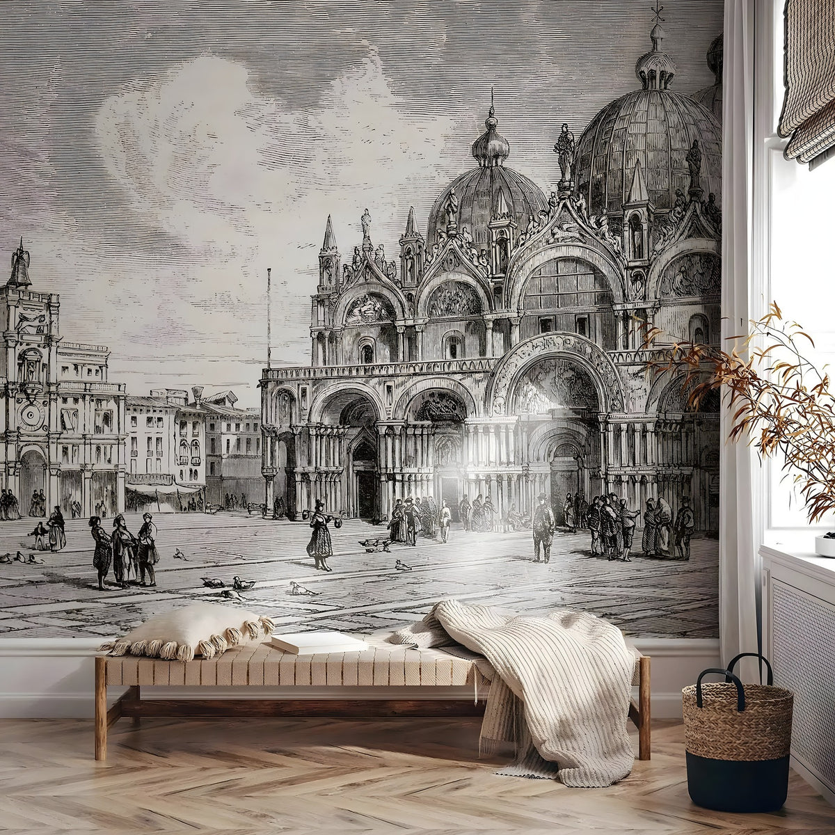 Room interior with a large wall mural of a historical cityscape.